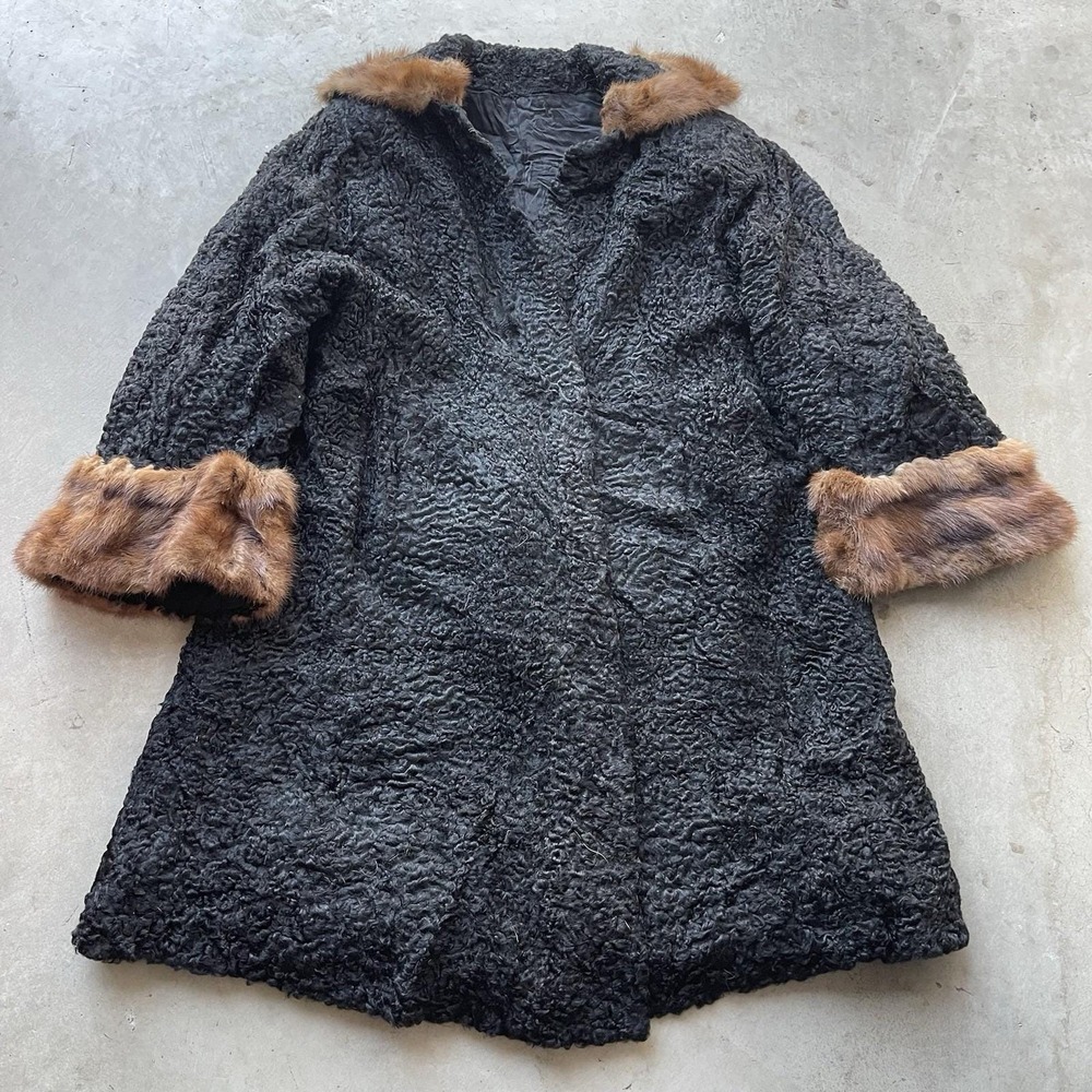 Vintage Embossed Full Length Black Persian Lamb Fur Coat Mink Collar  M/L‎